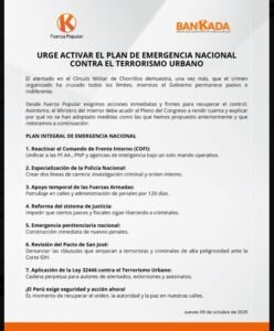 Fuerza Popular exige activar Plan de Emergencia Nacional contra el terrorismo urbano